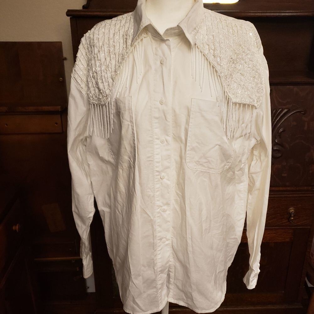 Side saddle white vintage L size western shirt